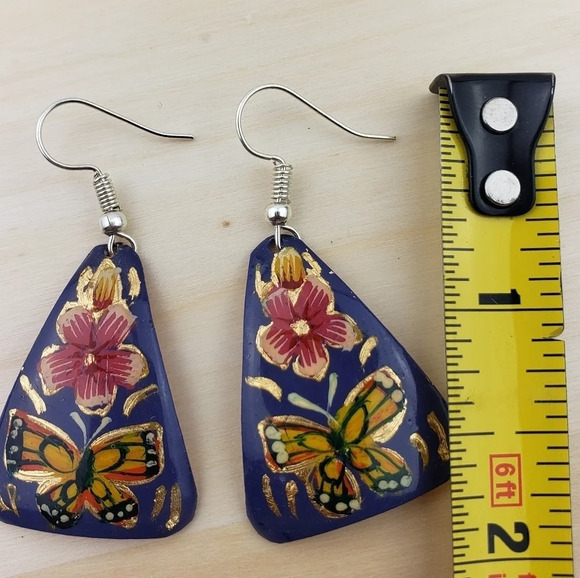 HANDMADE Dangle Earrings Mexican Copper Hand Painted Purple Floral Multicolor - Picture 5 of 5
